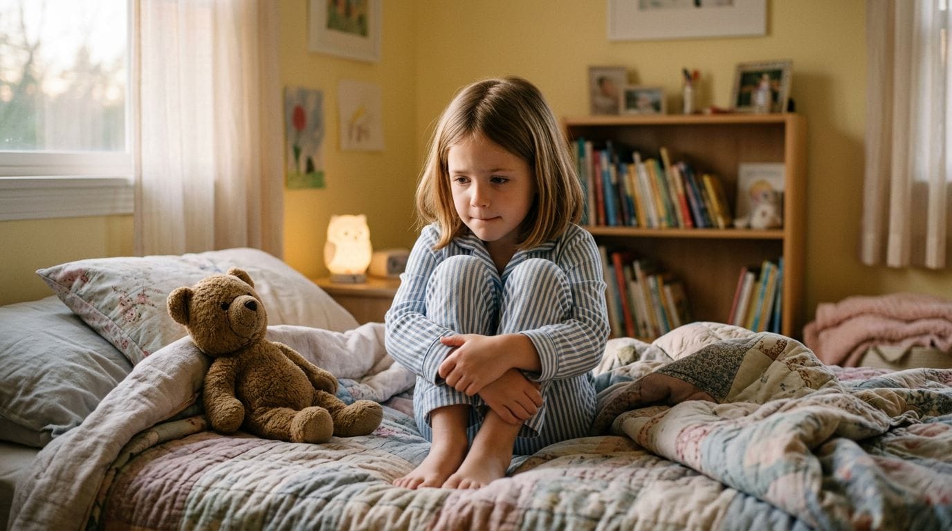 Child sitting on bed with worried expression — therapy for child anxiety in BC with Dr. Rose Record-Lemon, Psychologist