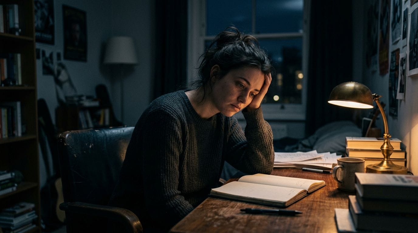Person at desk with head in hand, exhausted from intrusive thoughts — OCD therapy in BC with Dr. Rose Record-Lemon, Psychologist